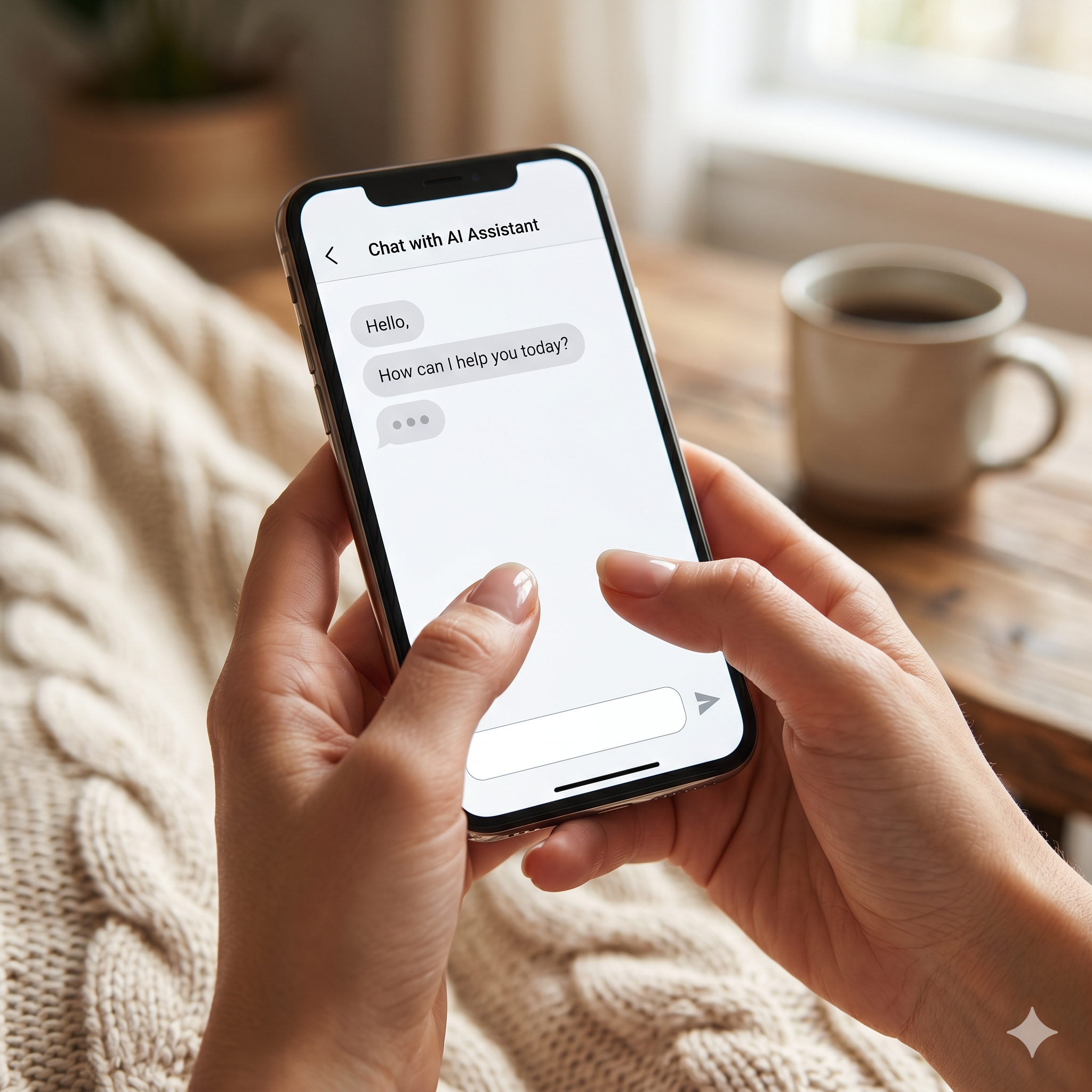 Close up of a person using a mobile phone, chatting with an AI assistant