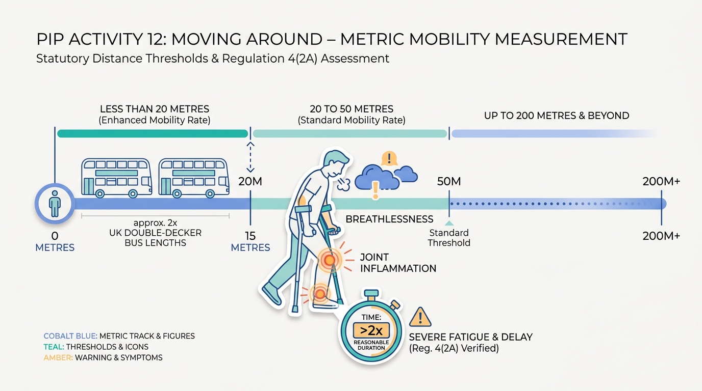 Infographic demonstrating physical limitation, pain, and delay occurring within a 20-metre walking distance.