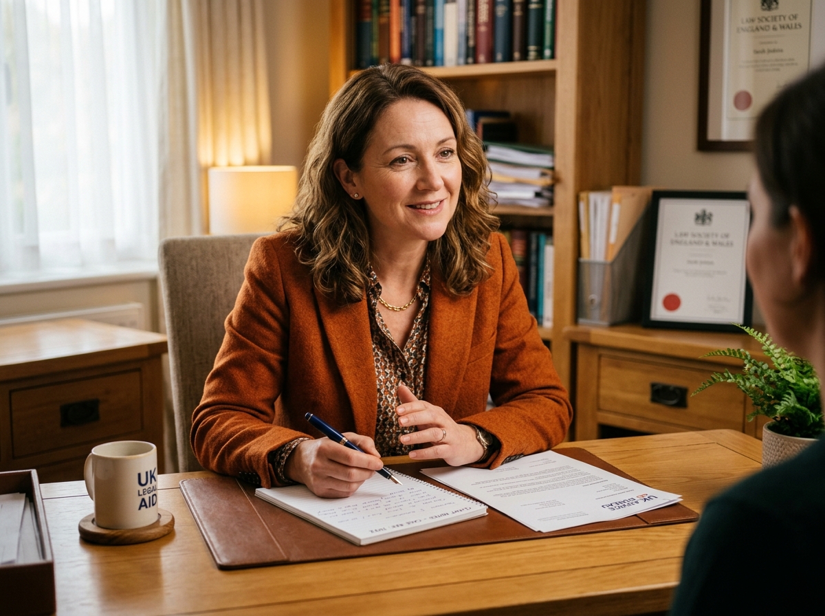 A compassionate UK legal advocate sitting at an oak desk offering reassuring guidance for PIP claimants