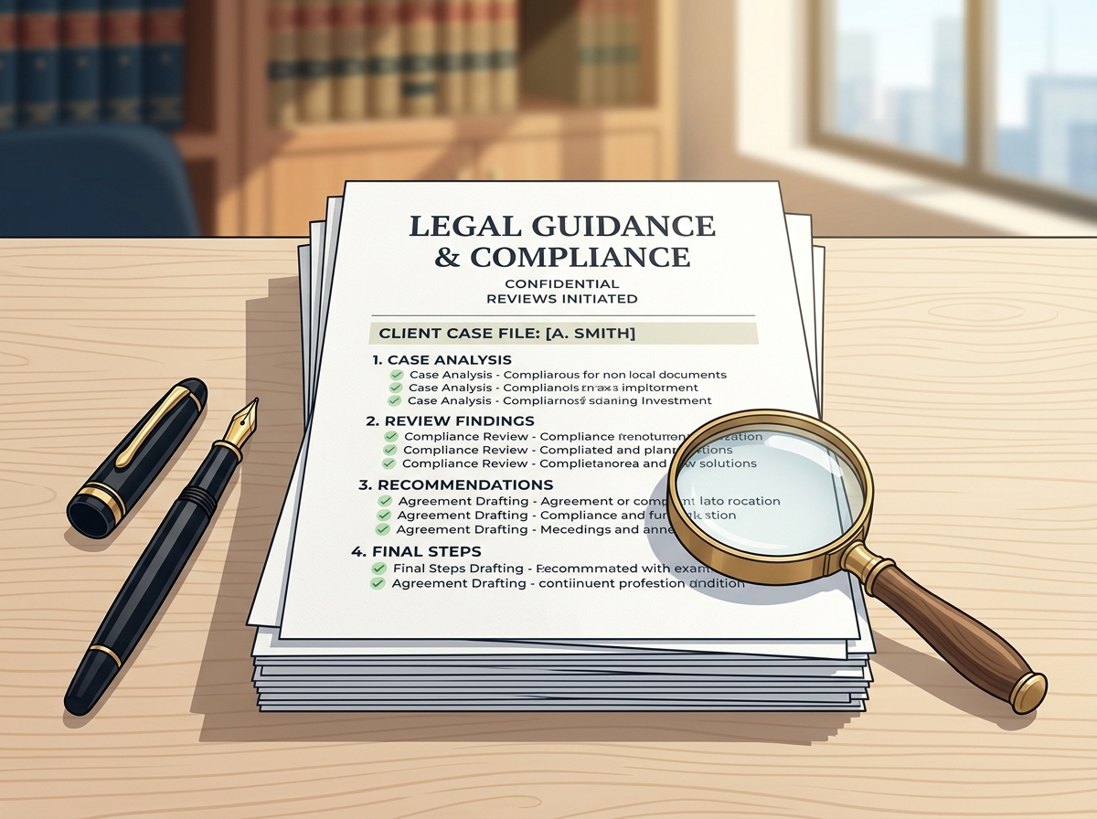 Legal guidance illustration with document review checklist and fountain pen