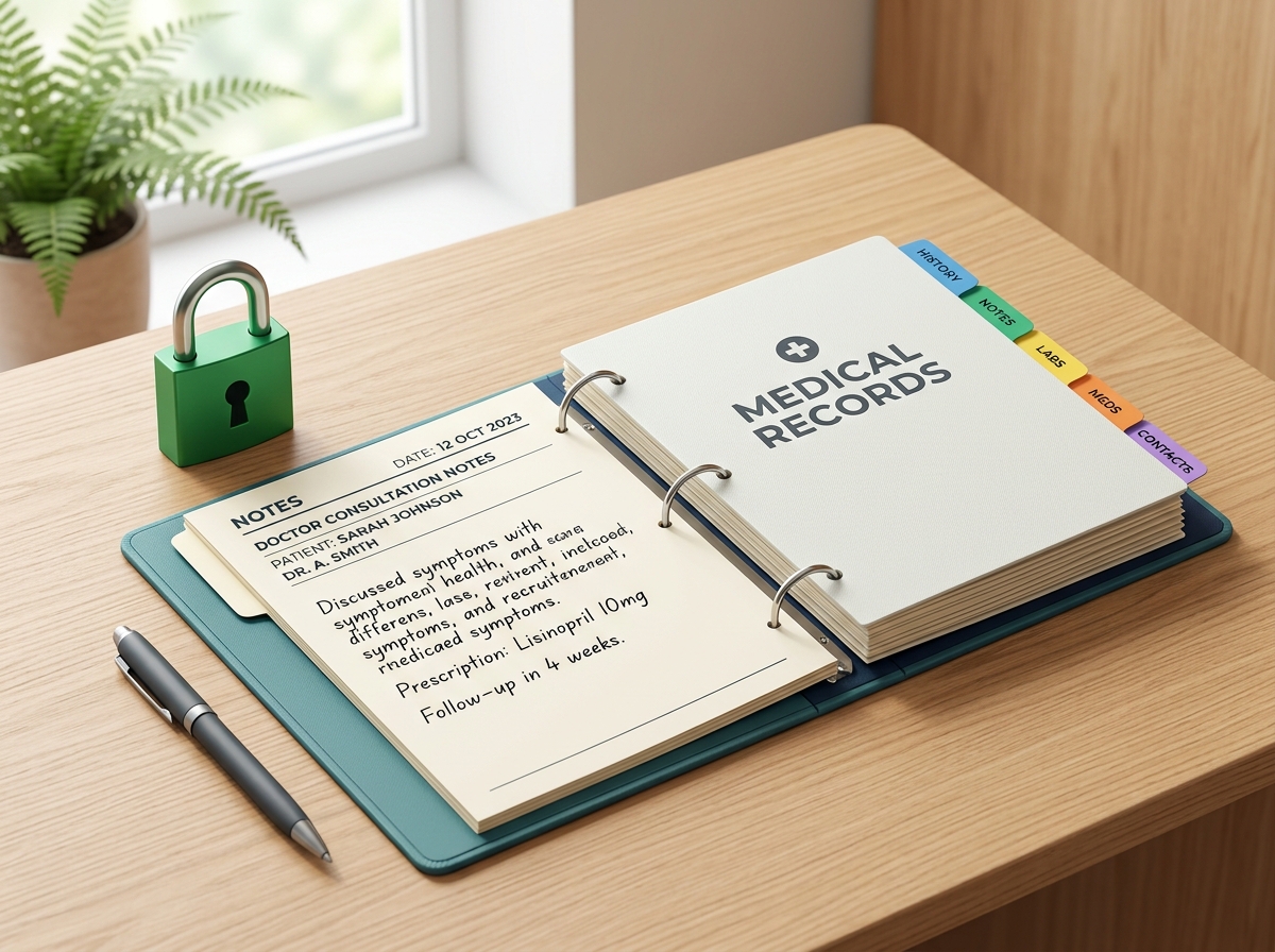 Organised medical records binder with tabbed dividers and secure padlock