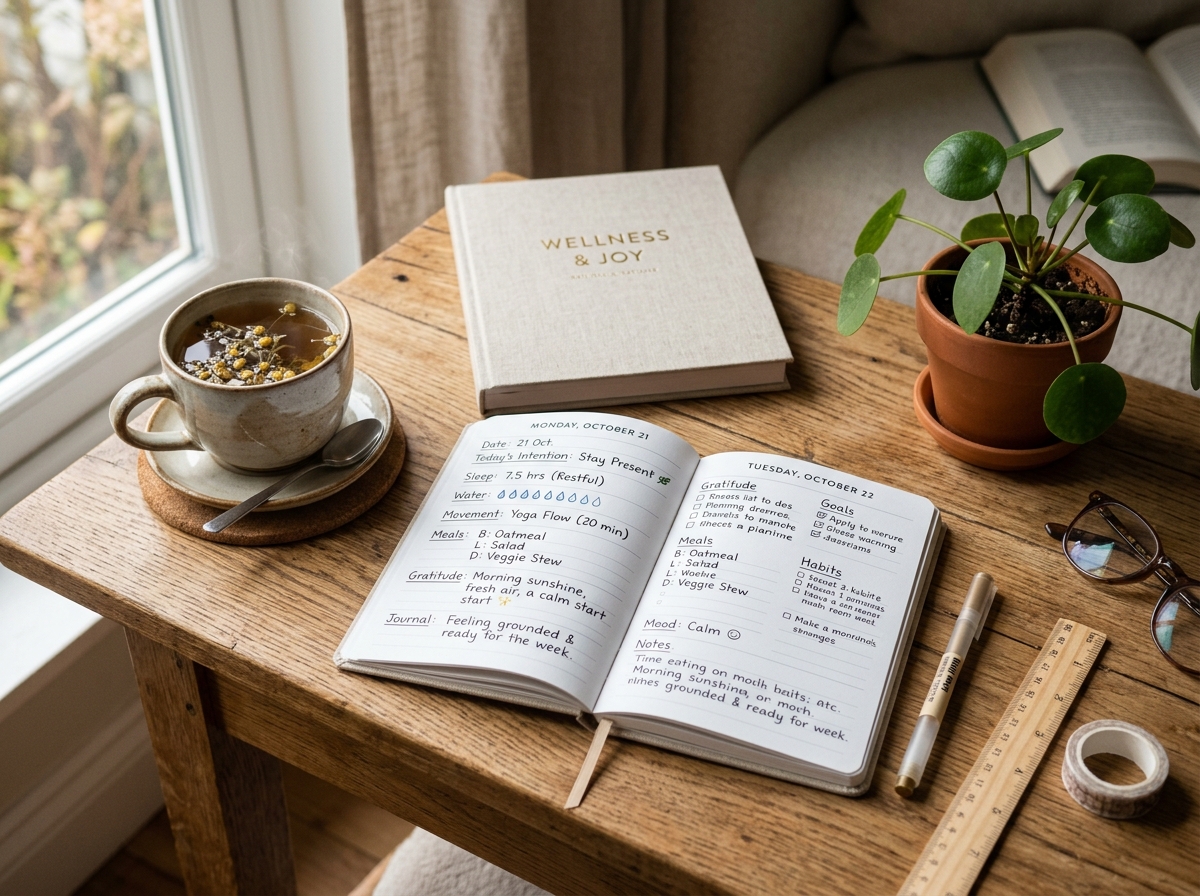 Peaceful daily wellness journal setup representing condition fluctuation logging