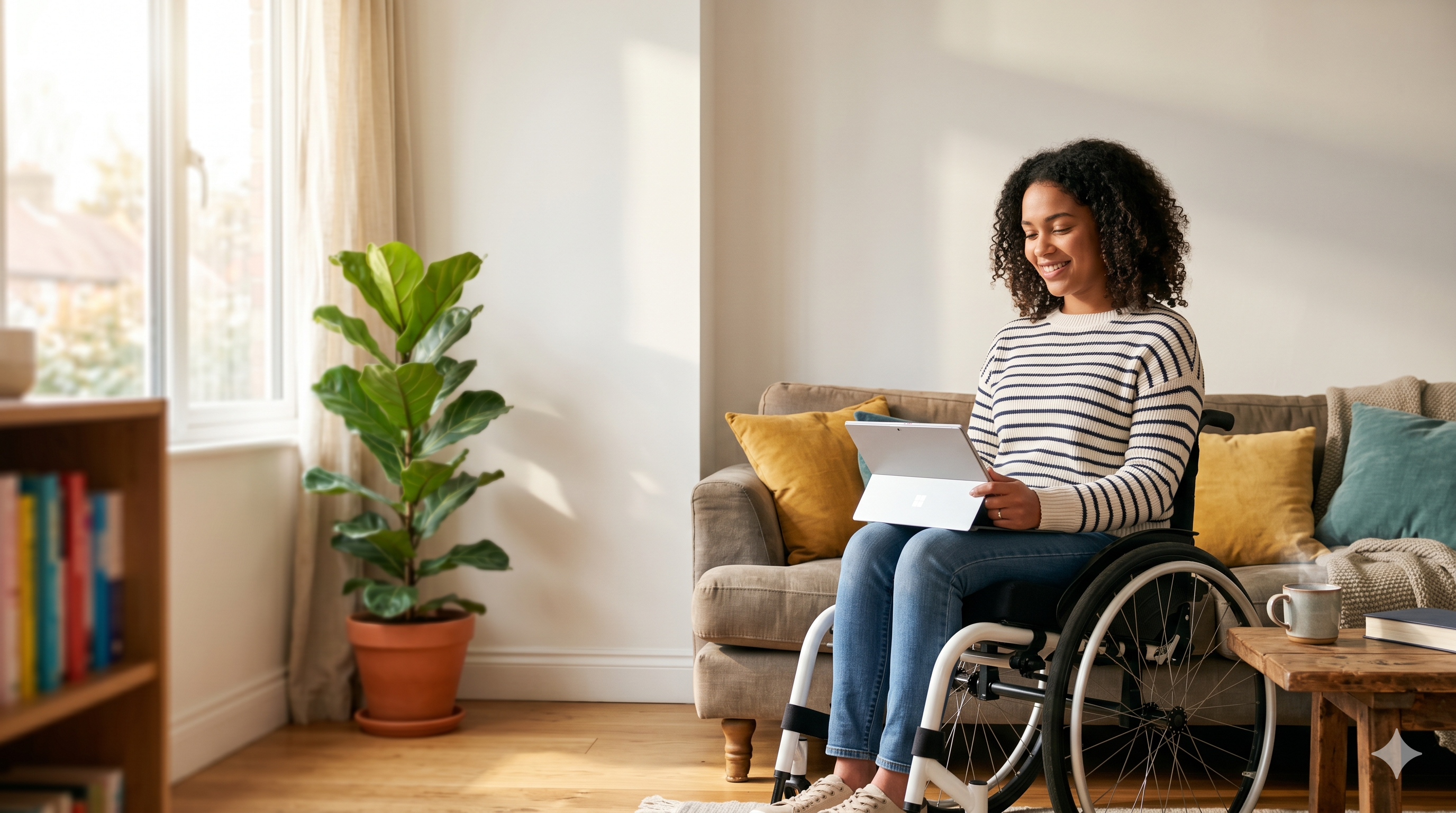 A smiling woman in a wheelchair using a laptop in a bright living room