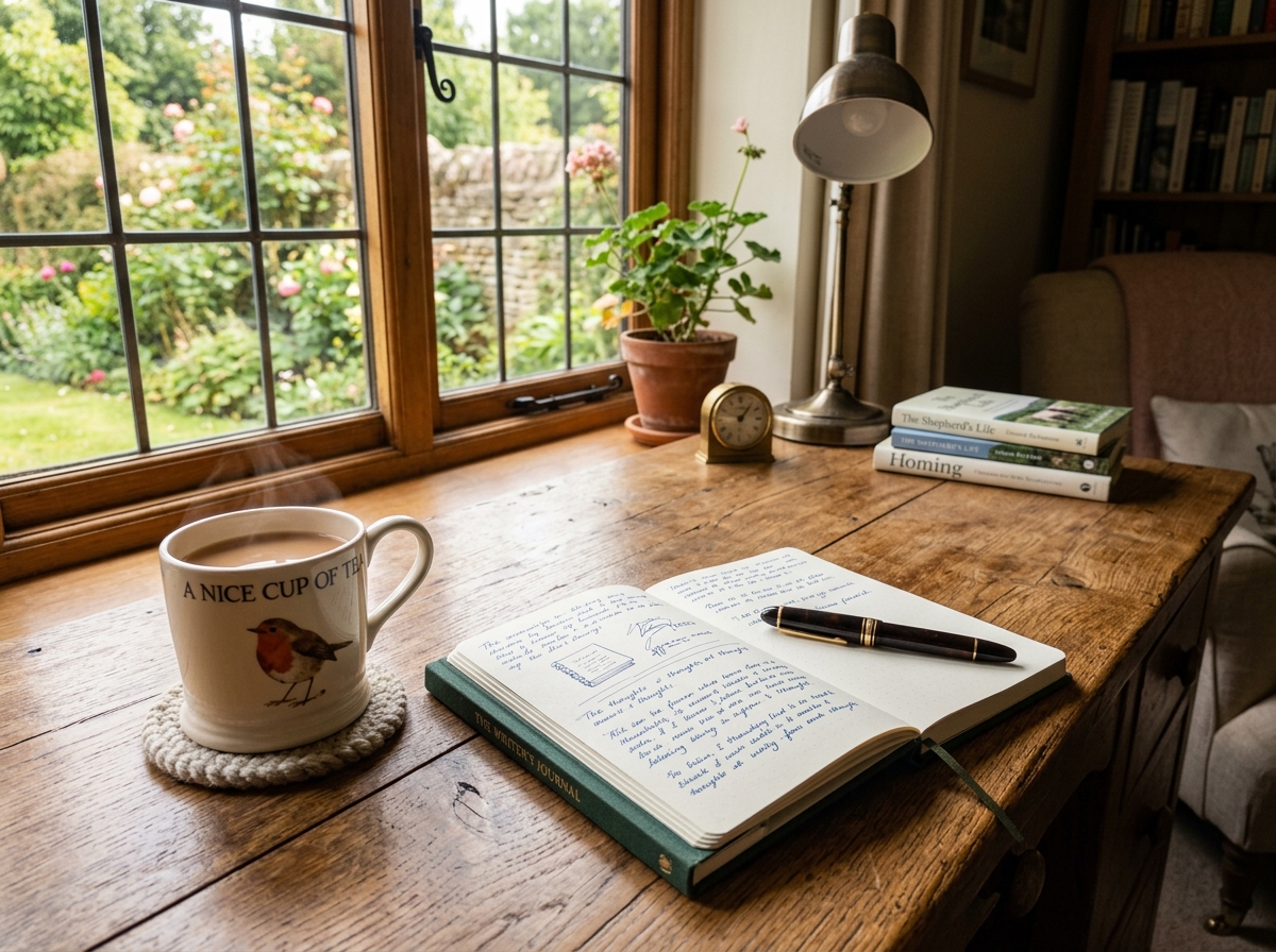 A peaceful UK home desk setup with a cup of tea and a journal, representing a calm environment for PIP claim preparation