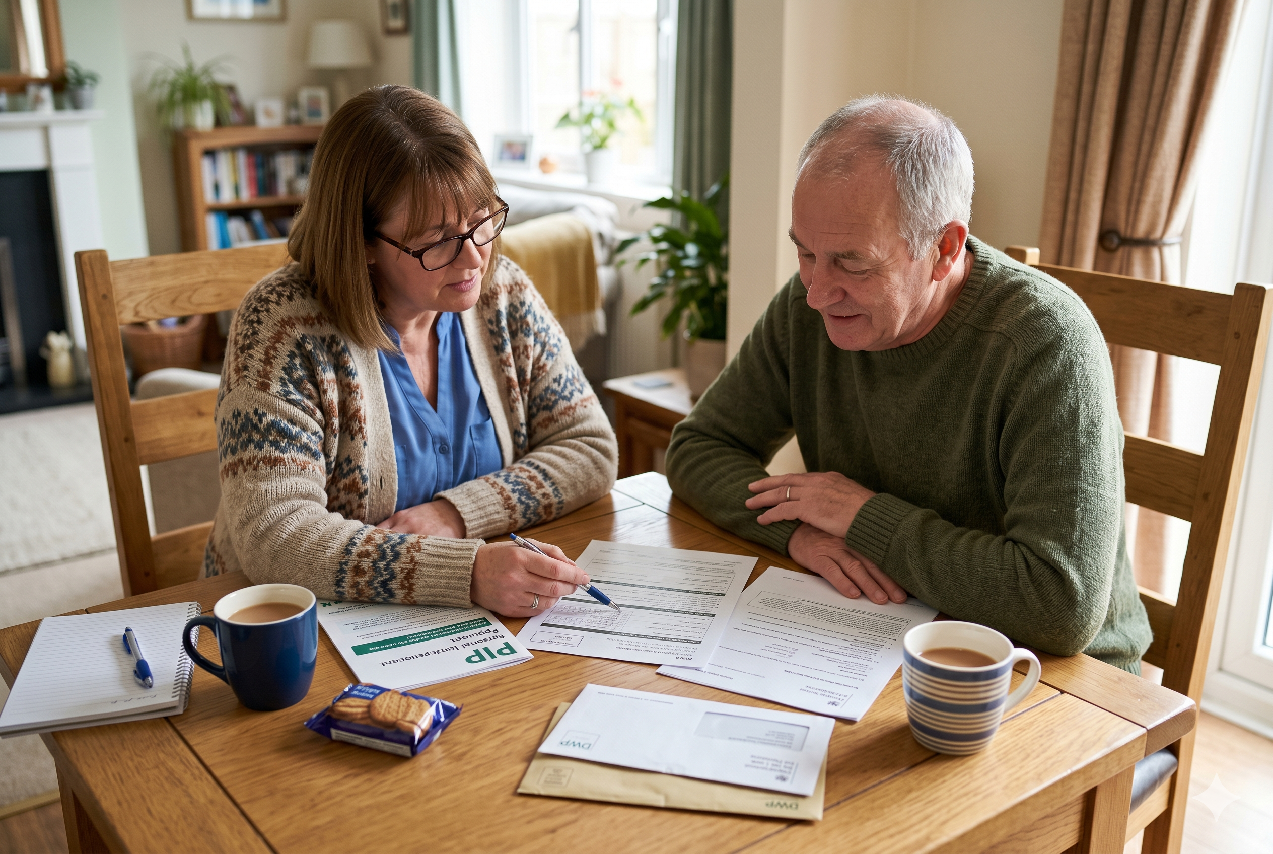 Older couple sitting at a dining table filling out paperwork